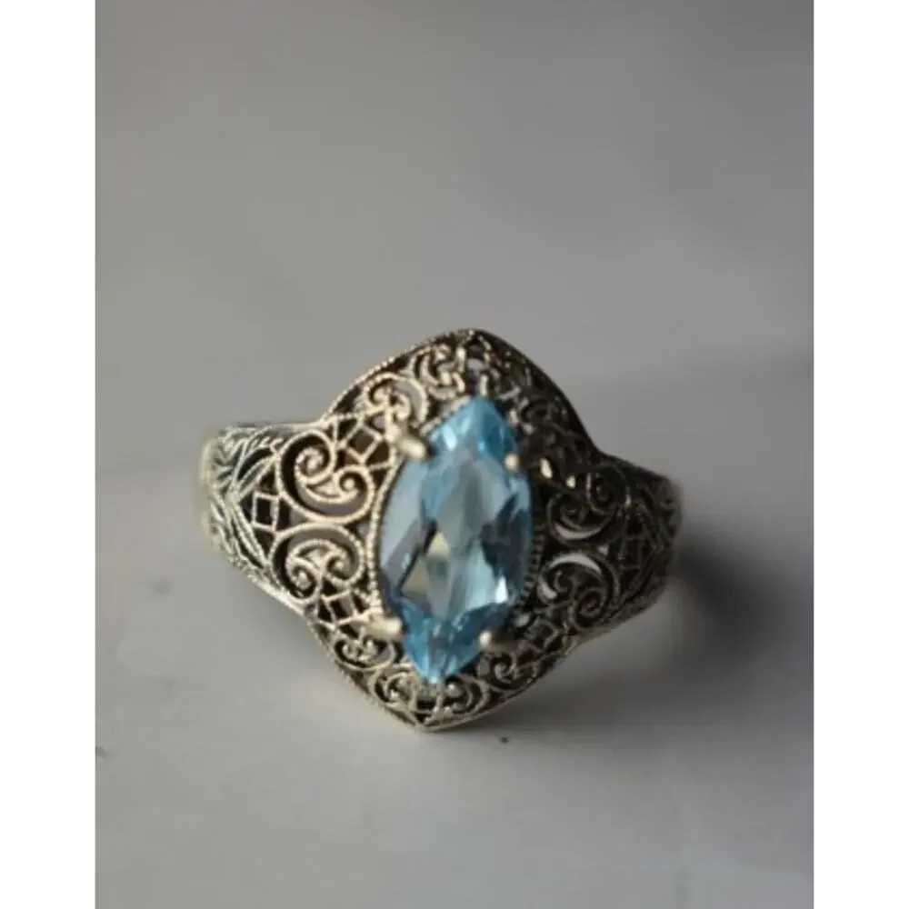 925 Sterling Silver Blue Spinel Openwork Ring Size 8.5